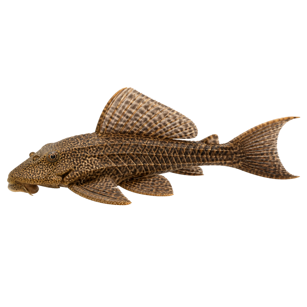 Pleco (Limpiafondos, Hypostomus/Pterygoplichthys) de perfil, raza de pez — fotografía de estudio